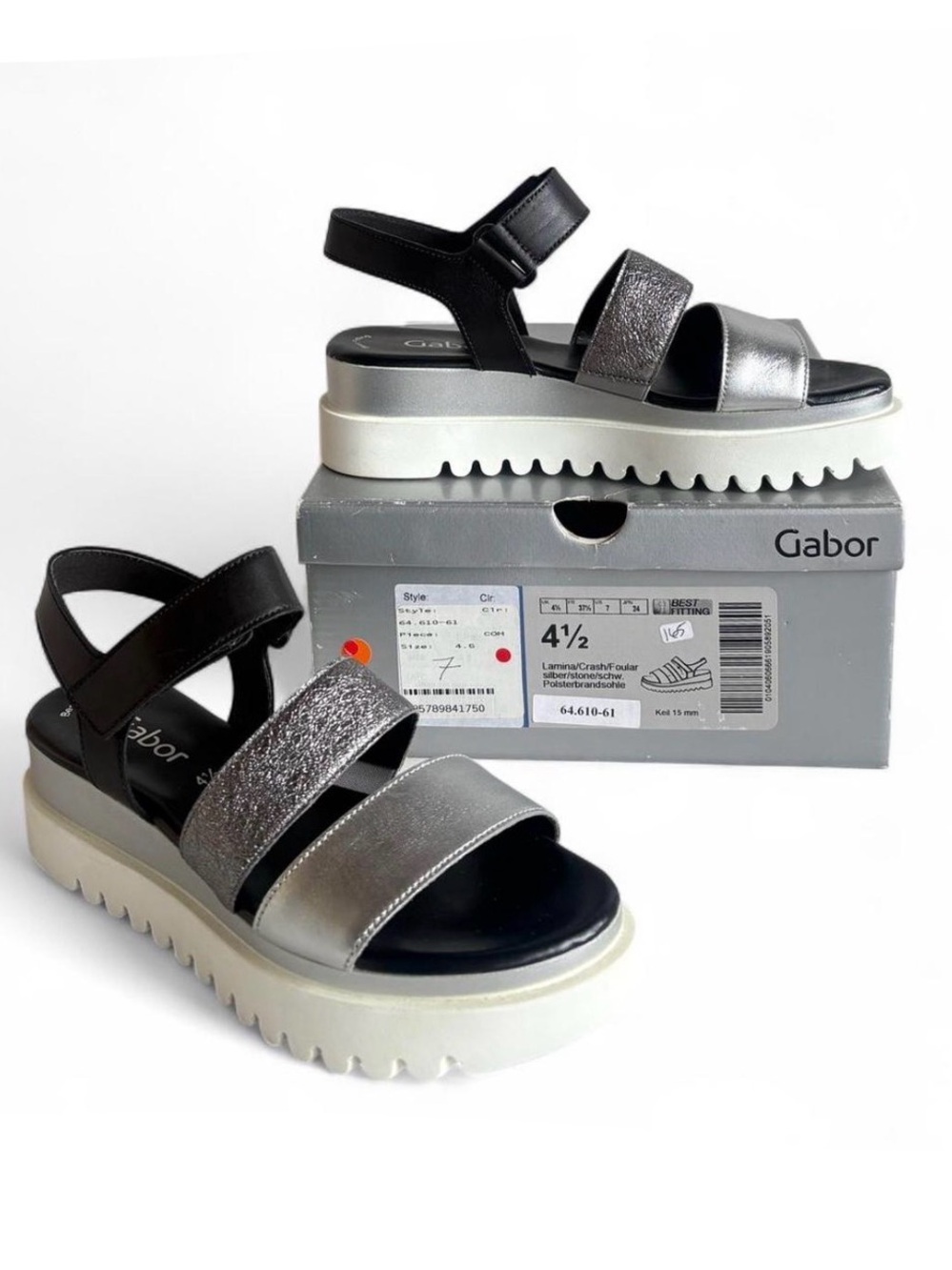 Gabor Metallic Silver and Black Platform Sandals